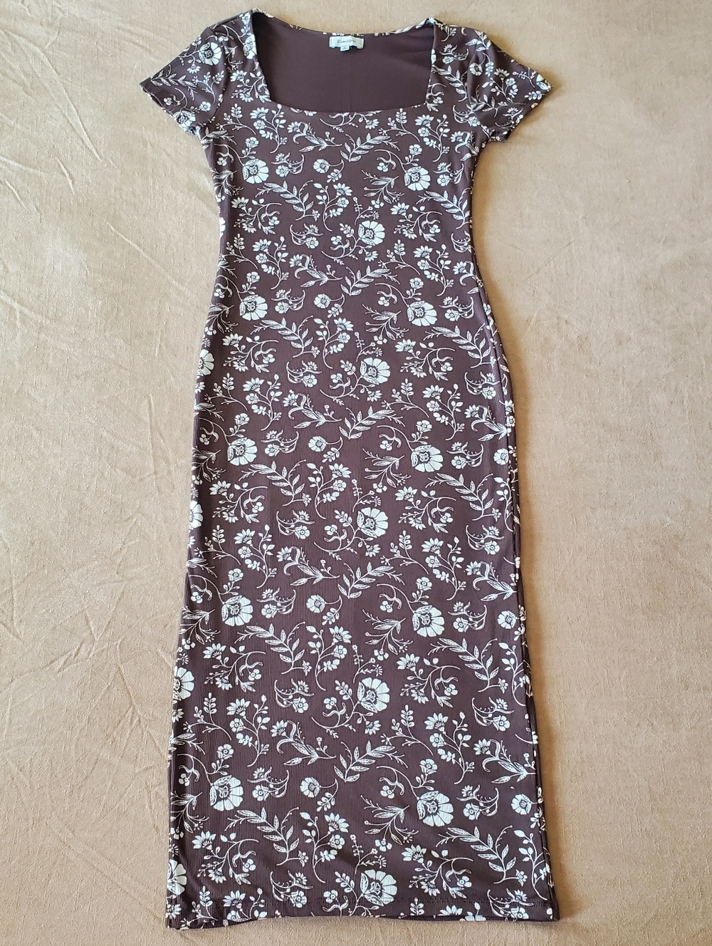 Faded Rose Floral Midi Brown Dress Large